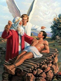 a painting of a man being laid on a bed by an angel